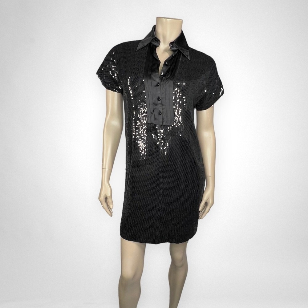 ROBERT RODRIGUEZ 4‎ Tuxedo Sequin Black Shirt Dress Party